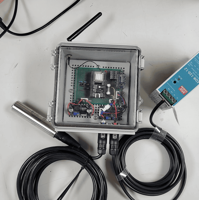 Completed BilgeRise controller prototype assembled on a workbench