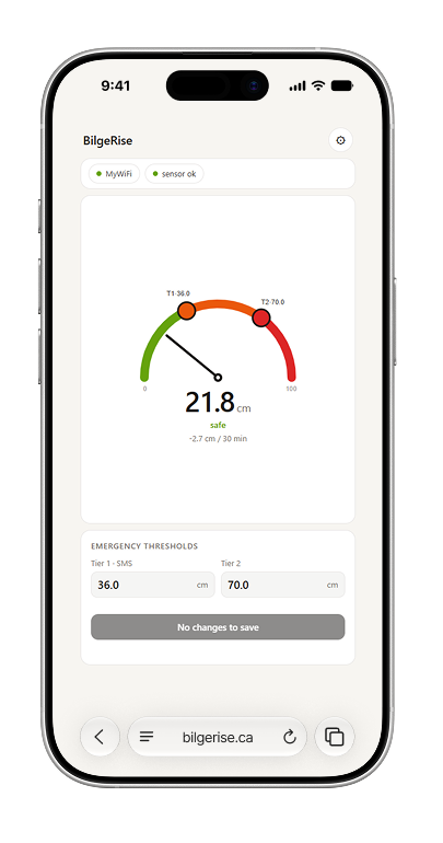 BilgeRise config dashboard on a phone showing live water level and emergency threshold settings